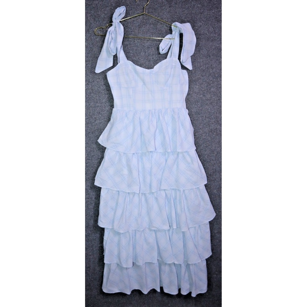 Sophie The Label Dress Women Medium Blue Midi Lined Ruffle Tiered Tie‎ Strap NWT
